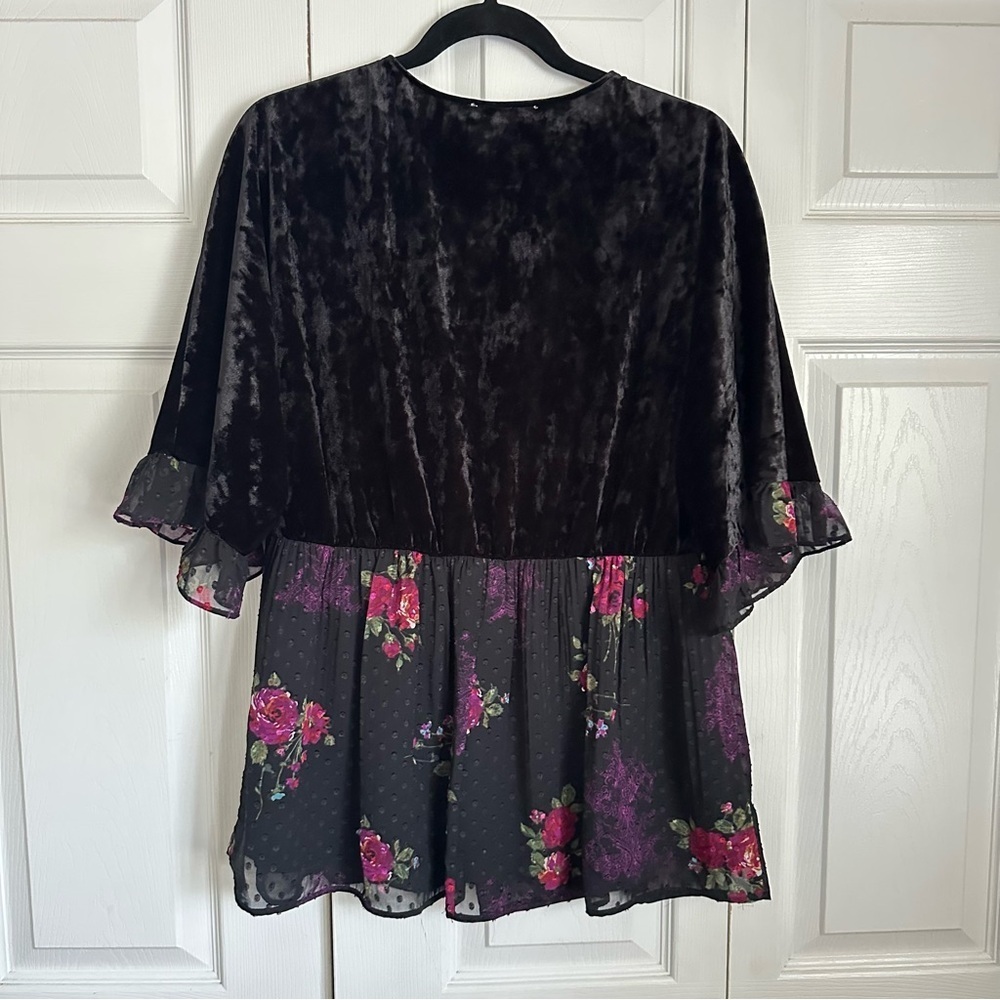 DR2 Tunic Top Womens L Black Velvet Floral Sheer Ruffle Boho Peplum Whimsigoth - Picture 2 of 12